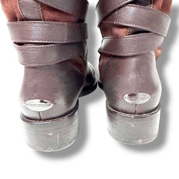 Jimmy Choo DARLA Riding Boots Tall Knee Buckles Flat Brown Leather Suede Size 38 - Picture 6 of 11